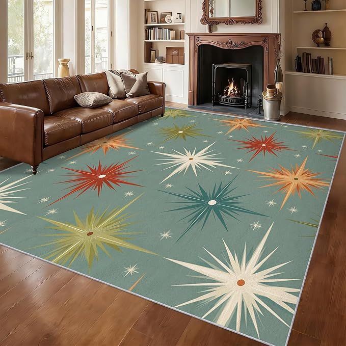 Mid Century Modern Rugs for Living Room Decor, 4x5 ft, Retro Atomic Geometric Area Rugs for Bedroom, Soft Non Slip Washable 1950s MCM Starburst Carpet Home Decorations D-g48