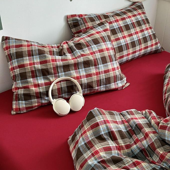 LifeTB Red Brown Plaid Comforter Set Queen, 3 Pieces Vintage Checkered Grid Bed Comforter with 2 Pillowcases, Breathable Soft Comfy Farmhouse Plaid Pattern Printed Gingham Bedding Comforter Set