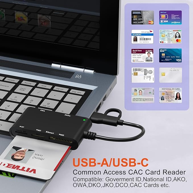 USB C/A SIM Card Adapter Smart Card Reader - 7 in 2 CAC Reader Military & MS Pro Duo/SD/TF/M2/ID/IC/PIV/SIM Card Reader, Memory Stick Pro Duo Adapter CAC Card Reader USB C for Windows, Linux, MacOS