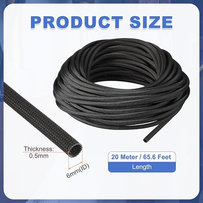uxcell Insulation Cable Protector,6mm/0.24 Inch-20m/66 Feet High Temp Fiberglass Sleeve Black