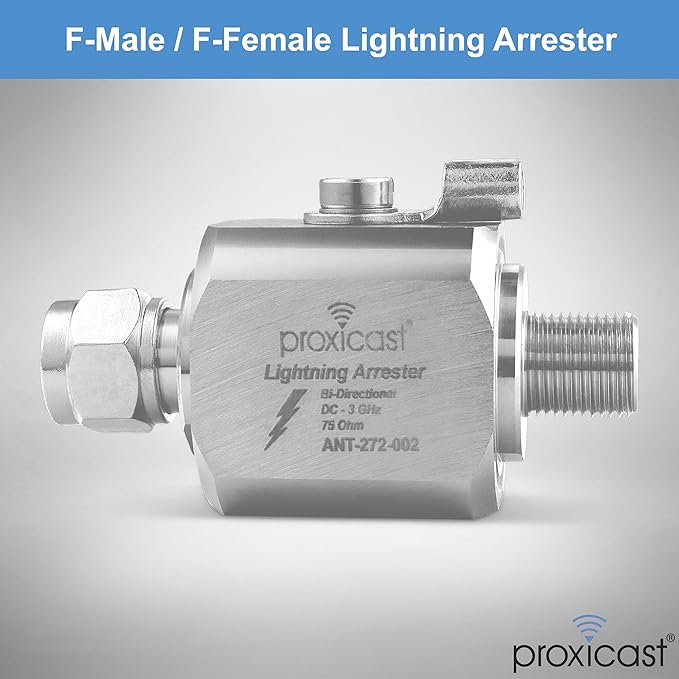 Proxicast Coaxial Lightning Arrester/Suppressor with Male/Female 75 Ohm F Connectors - Pro-Grade Coax Cable Surge Protector for Television (TV) / Satellite Dish Antennas & Cable Internet (ANT-272-002)