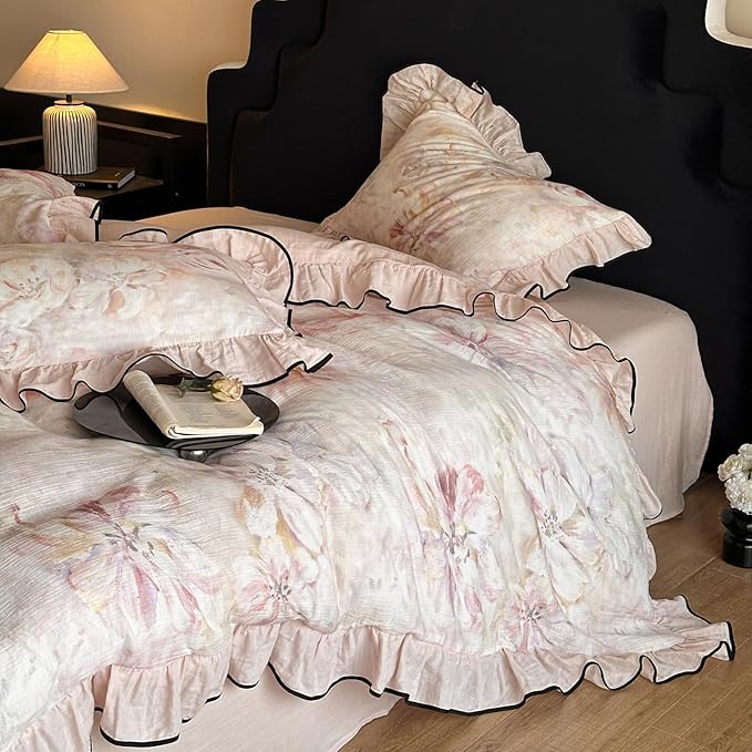 HighBuy French Ruffle Duvet Cover Queen Size,Pink Floral Chic Cottagecore Bedding Set Linen Breathable for Hot Sleepers,Yarn-Dyed Textured Comforter Cover Set - 1 Duvet Cover 2 Pillowcases