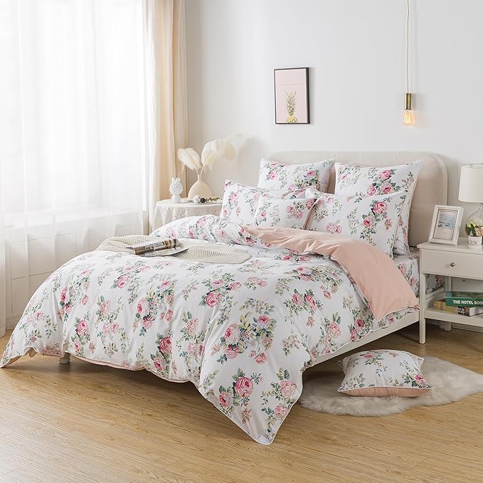 FADFAY Duvet Cover Set Queen Pink Rose Floral Bedding Shabby Peony Flower Quilt Cover Set Vintage Farmhouse Bedding 100% Cotton Soft Comforter Cover Set with Hidden Zipper Closure 3Pcs, Queen Size
