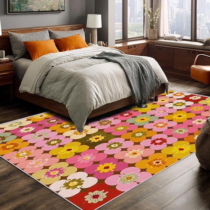 70s Floral Rugs 5x8, Retro Colorful Groovy Washable 5 x 8 Area Rug for Living Room, Bedroom, Low Pile Non Slip Stain Resistant Carpet, 70s Retro Home Decor Accessories & M844