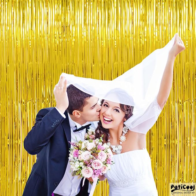 Thicken Gold Streamers 2 Pack 3.2 x 8.2 FT, Golden Birthday Decrorations Tinsel Backdrop Curtains, Foil Fringe Photo Backdrop for Birthday, Prom, Hollywood, Anniversary Party Decorations