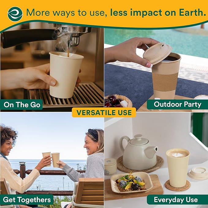 ECO SOUL 50 Pack 12 oz Disposable Coffee Cups with Lids & Sleeves Eco-Friendly, Biodegradable, Compostable, Leak-free & Sturdy To Go Hot Drink Cup for Tea, Chocolate Party Travel Cafe Office & Home
