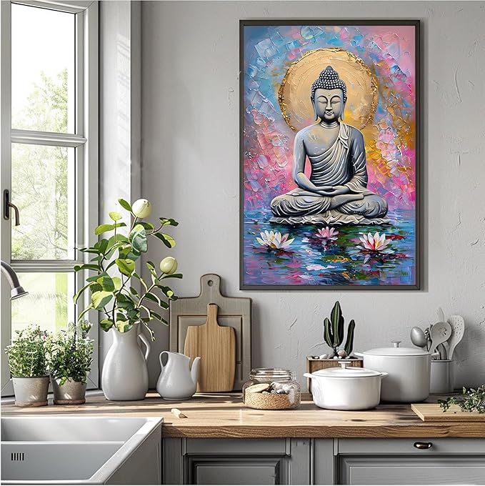 Lotus and golden Buddha meditation tranquil zen wall art mindfulness wall art for spiritual harmony and tranquility decor 8x12in Metal blackFramed