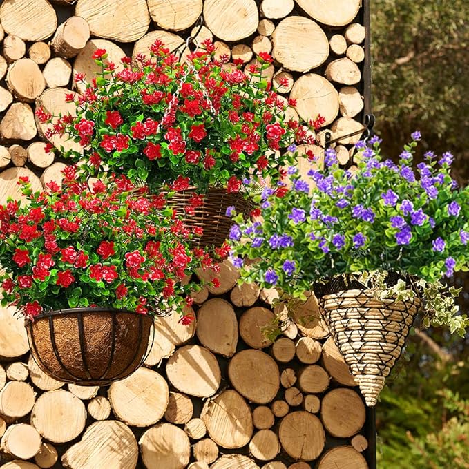 10 Bundles Artificial Fake Flowers, Faux Outdoor Plastic Plants UV Resistant Shrubs Outside Indoor Decorations (Red-Eucalyptus)
