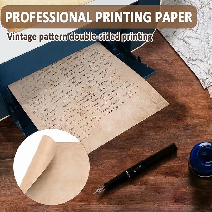 Tlenpo 128PCS Vintage Paper 8.5 x 11 in Double-sided Aged Paper for Writing Letter writing Paper, Decorative Printer Paper for Invitation, Resume, Diploma, Art, Certificate Antique, 8 Designs