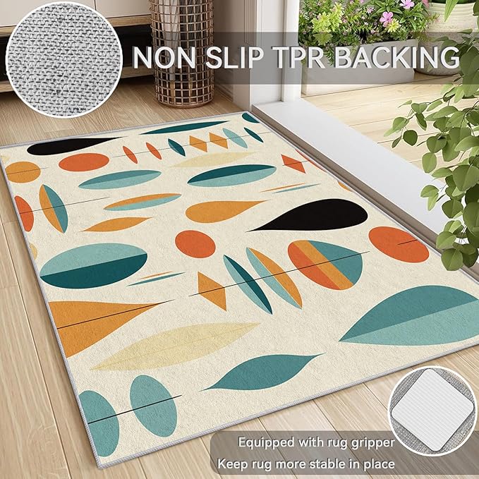 Mid Century Modern Rug 5x6, Washable Geometric Rugs for Living Room Bedroom, Retro Area Rug for Home Decor, Non Slip Backing Floor Carpet with Gripper - 5 x 6 ft