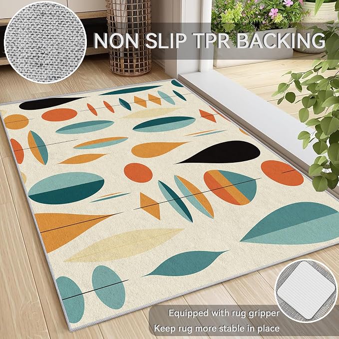 Mid Century Modern Rug 8x12, Washable Geometric Rugs for Living Room Bedroom, Retro Area Rug for Home Decor, Non Slip Backing Floor Carpet with Gripper - 8 x 12 ft