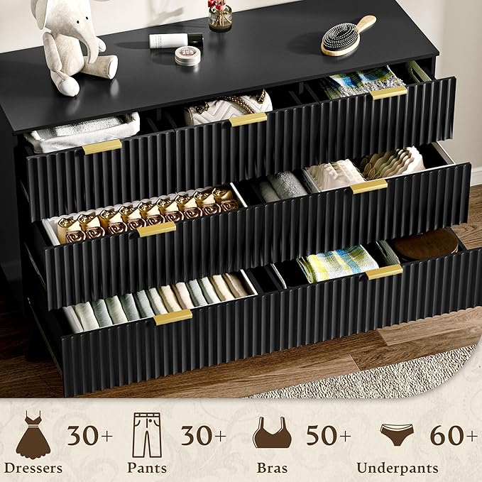 HUANLEGO Fluted Dresser for Bedroom with 7 Drawer, Mid Century Modern Chest of Drawers, 48" Wide Natural Wood Dresser for Closet, Wooden Boho Chest Closet Storage TV Stand for Bedroom, Black