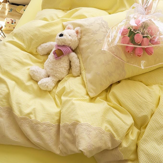 LifeTB Yellow Gingham Duvet Cover Twin 3 Pieces Romantic Lace Comforter Cover Soft Microfiber Cream Yellow Grid Duvet Cover Farmhouse Plaid Checkered Comforter Cover Grid Gingham Bedding Set