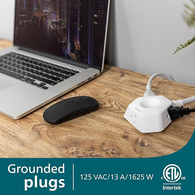 Philips EZGrip Indoor Extension Cord with Multiple Outlets, 3 Prong Grounded Cord, Short Extension Cord, Ergonomic Design, 16AWG, 4ft Braided Cord, ETL Listed, White, SPS3574W/37