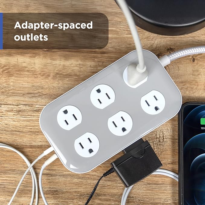 GE 12-Outlet Surge Protector with 6ft Braided Cord, Power Strip, Extension Cord, Flat Plug, 2 USB-A & 1 USB-C Port, 2100 Joules, for Home School & Office, Charging Station, White, 84214
