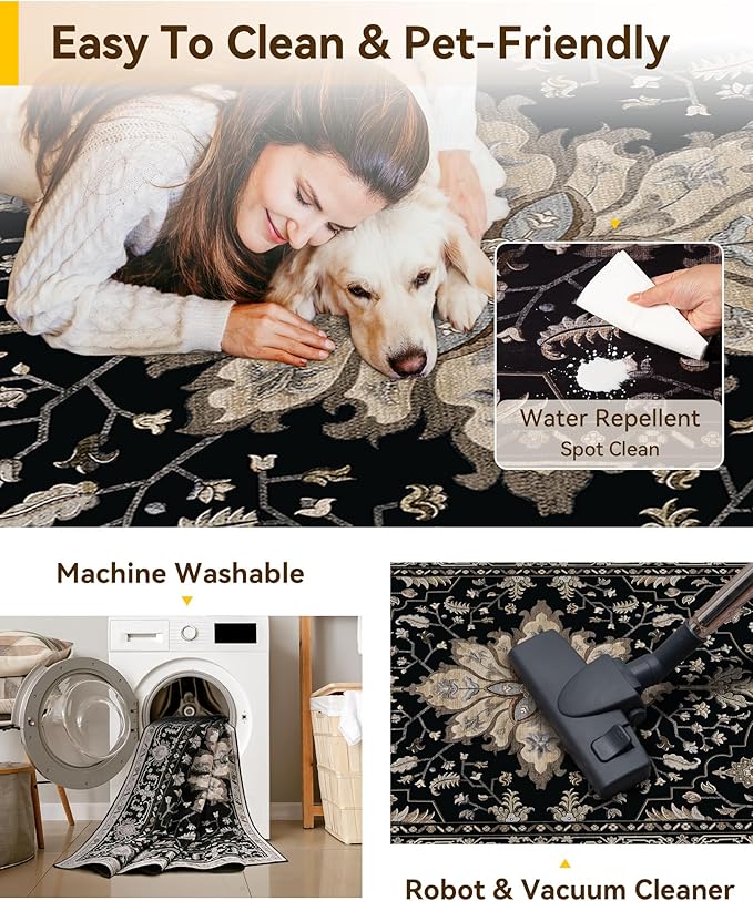 Area Rugs 8ft Washable Non-Slip, Floral Vintage Distress Print Pattern Medallion Carpet for Living Room Bedroom Dining Room, Black Brown Neutral Dark Tan