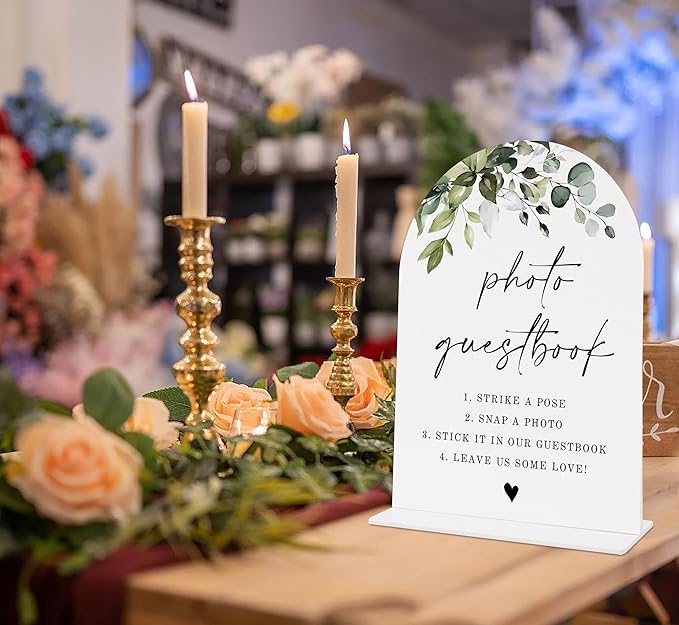 Wedding Signs for Reception, Green Leaves Photo Guestbook Sign, Wedding Reception Signage, Bridal Shower Table Decorations with Base, Supplies for Proposal, Bridal Shower Events and Ceremony, 09