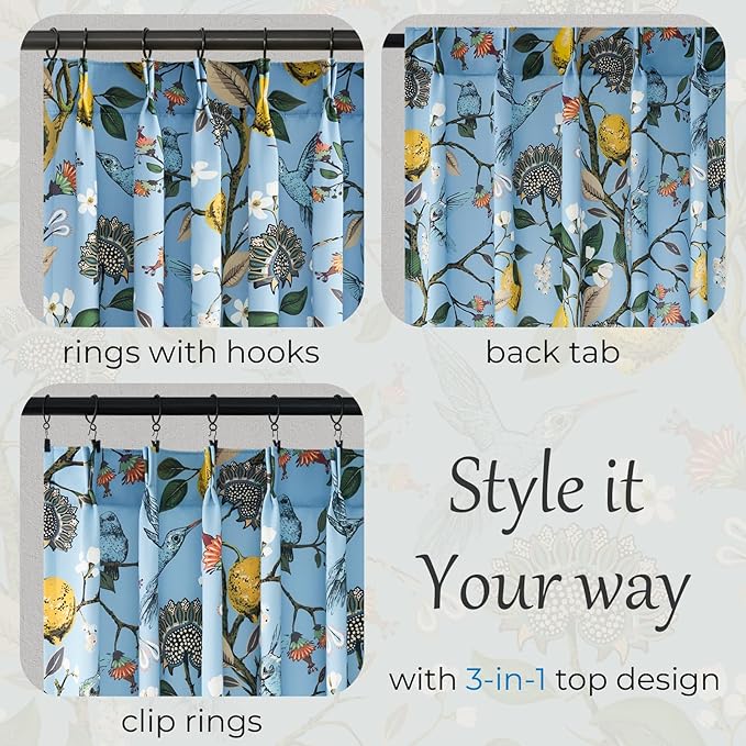 Blue and White Patterned Floral Aesthetic Curtains 84 Inch Length Farmhouse Vintage Pinch Pleated Drapes Birds Luxury 2 Panels for Kid Bedroom Living Room, Chambray Blue