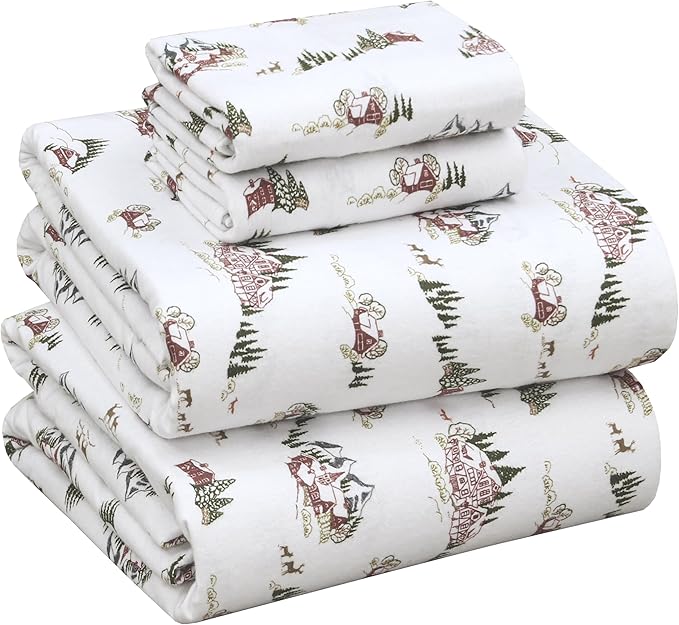 RUVANTI Flannel Sheets Queen Size - 100% Cotton Double Brushed Bed Sheets, Deep Pockets 16 Inches Queen Sheet Set, All Seasons Breathable & Extra Soft - Warm & Cozy, 4 Piece, Hilly Huts