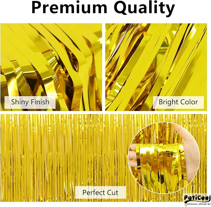 Thicken Gold Streamers 2 Pack 3.2 x 8.2 FT, Golden Birthday Decrorations Tinsel Backdrop Curtains, Foil Fringe Photo Backdrop for Birthday, Prom, Hollywood, Anniversary Party Decorations