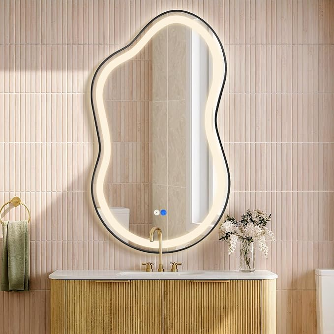 Dorlicecass Irregular Led Bathroom Mirror- Black 24"x36" Single Piece Vanity Mirror with Lights IP54 Enhanced Anti-Fog, 3 Colors Dimmable, Memory,Tempered Glass,UL Listed