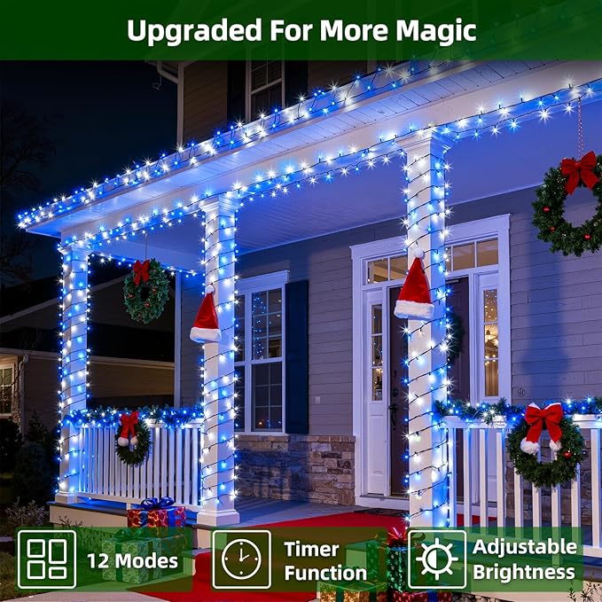 1500 LED Chrstmas Lights, 470ft Outdoor Christmas String Lights with 12 Modes, Blue Cool White LED String Lights with Timer Dimmable Waterproof for Tree Fence Xmas Wedding Party Decor Blue&Cool White