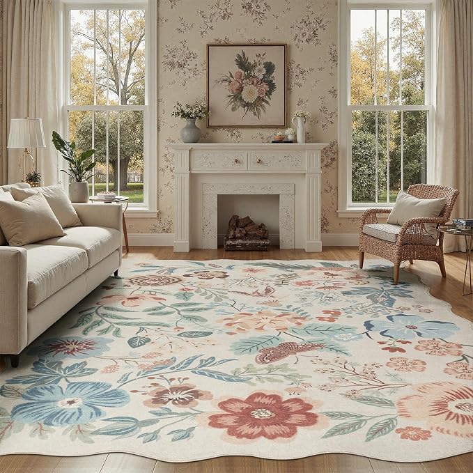 DCX Beige Floral Rug 8x10, Washable Beige Rug for Living Room, Kid & Pet Friendly with Rubber Back Non Slip, Soft Low Pile Carpet, Stain Resistant Rug for Bedroom, Nursery, Dining Room