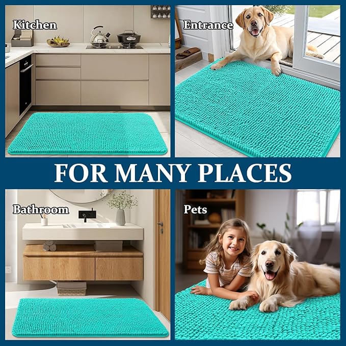 OLANLY Dog Door Mat for Muddy Paws 47x20, Absorbs Moisture and Dirt, Absorbent Non-Slip Washable Doormat, Quick Dry Chenille Mud Mat for Dogs, Entry Indoor Entryway Carpet for Inside Floor, Teal