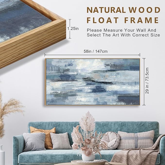Indigo Framed Wall Art Abstract Ocean Canvas Pictures Blue White Grey Painting Vintage Wall Decor Modern Artwork Prints for Living Room Bedroom Bathroom Office Home Decoration Ready to Hang 29"x58"