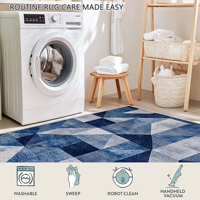 6x9 Navy Blue Area Rug Modern Geometric Blue White Beige Bedroom Rug Soft Low Pile Thin Large Carpet Living Room Non Slip Dining Room Stain Resistant Office Washable Machine