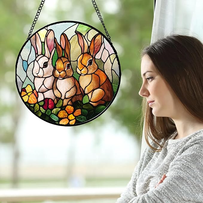 Stained Glass Window Hanging - 3 Cute Rabbits Suncatcher for Doors Garden Patio Bunny Sun Catchers Decor Christmas Mother's Day Birthday Teenager Gifts for Women Men Mom Nana Friend 11.8 in