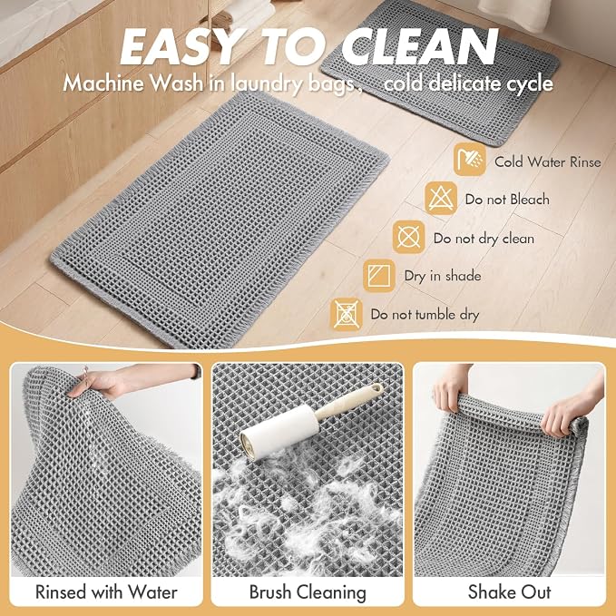 MIULEE Set of 2 Waffle Bathroom Rugs, Boho Bath Rug Super Absorbent, Non Slip Washable Ultra Soft Rubber Backed Shower Bath Mats for Floor, Tub, Shower, Looped Design, Light Grey, 18x30 Inch