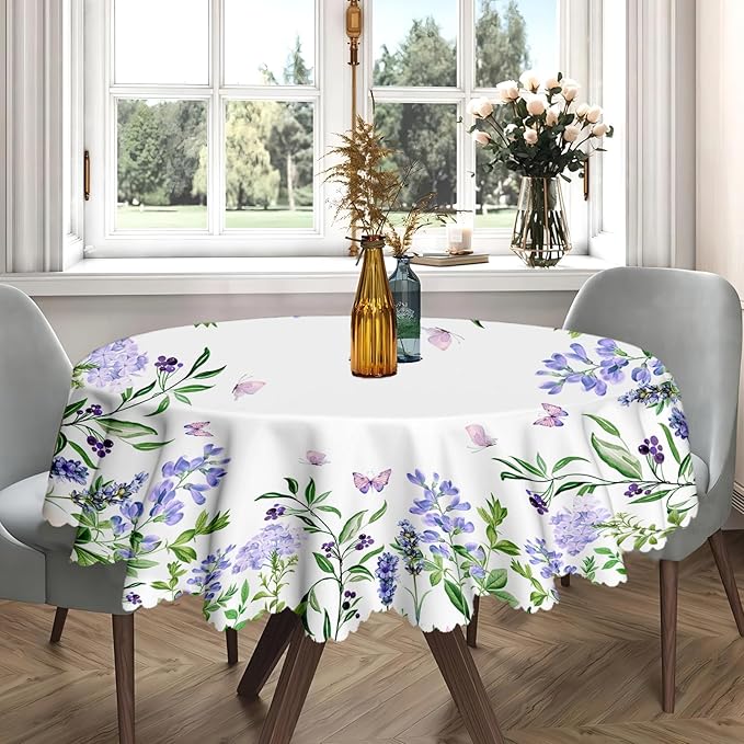 Eikione 60In Round Tablecloth, Floral Tablecloths Polyester Waterproof Stain Wrinkle Free, Indoor and Outdoor Table Cover for Kitchen Party Dining Table