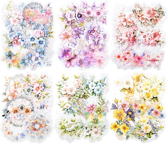 AuriicLeaf Floral PET Sticker Set, 60PCS Transparent Butterfly, Lace, and Flower Stickers for Scrapbooking, Journaling, Planners and DIY Crafts