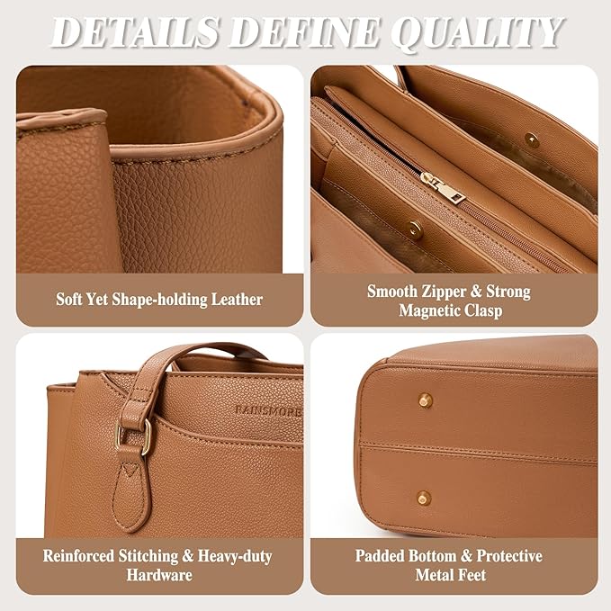 RAINSMORE Laptop Bag for Women 15.6 Inch Work Tote Bags Waterproof Computer Bags Leather Professional Laptop Purse Womens Laptop Briefcase Large Handbag for Office Teacher Travel, Brown