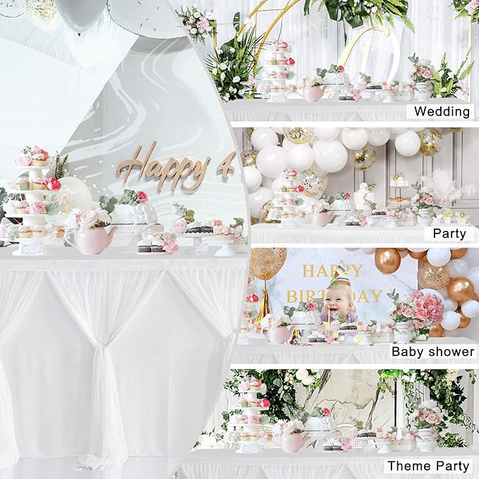Besutolife White Tulle Table Skirt 14ft Wrinkle-Free Tutu Tablecloth for Gender Reveal, Wedding, Birthday, Reception, Banquet, Photo Booth, Party Table Decorations