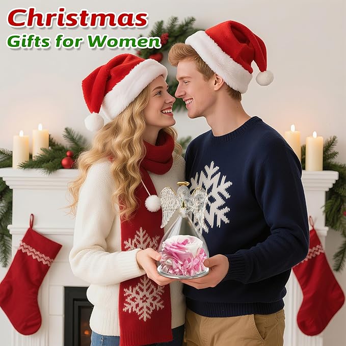 Yamonic Birthday Gifts for Women, Angel Figurines with Real Rose Gifts for Her Mom Grandma,Preserved Flowers Rose Gifts for Christmas Anniversary Birthday Gifts for Her (White+Pink)