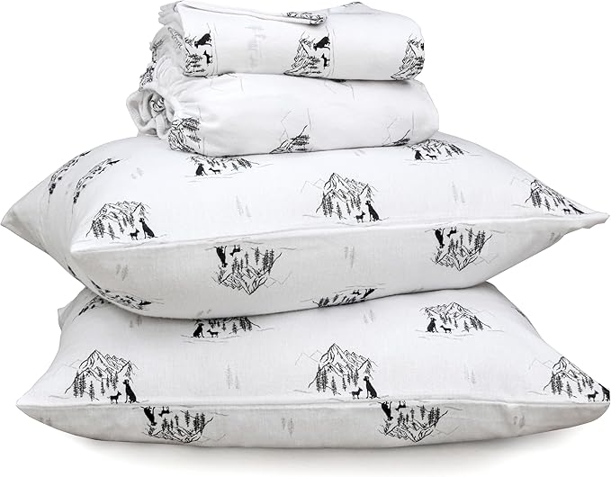 RUVANTI Flannel Sheets Full Size - 100% Cotton Double Brushed Bed Sheets Set, Deep Pockets 16 Inches, All Seasons Breathable & Extra Soft Full Sheets, Warm & Cozy, 4 Piece, Soul Dog White