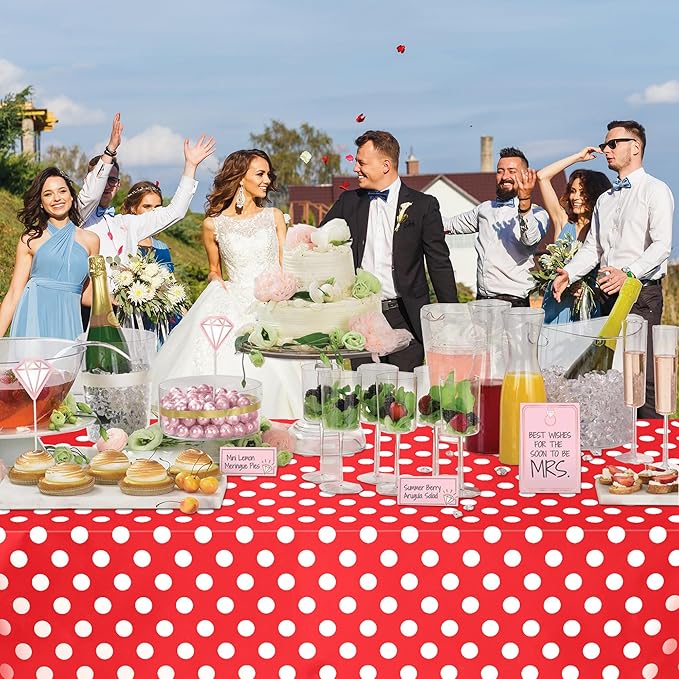 WNINK 4 Pack Red and White Polka Dot Tablecloths – Disposable Plastic Waterproof Table Cover, 54" x 108", for Birthday, Wedding, Bridal Shower, Bachelor Party, and Picnic