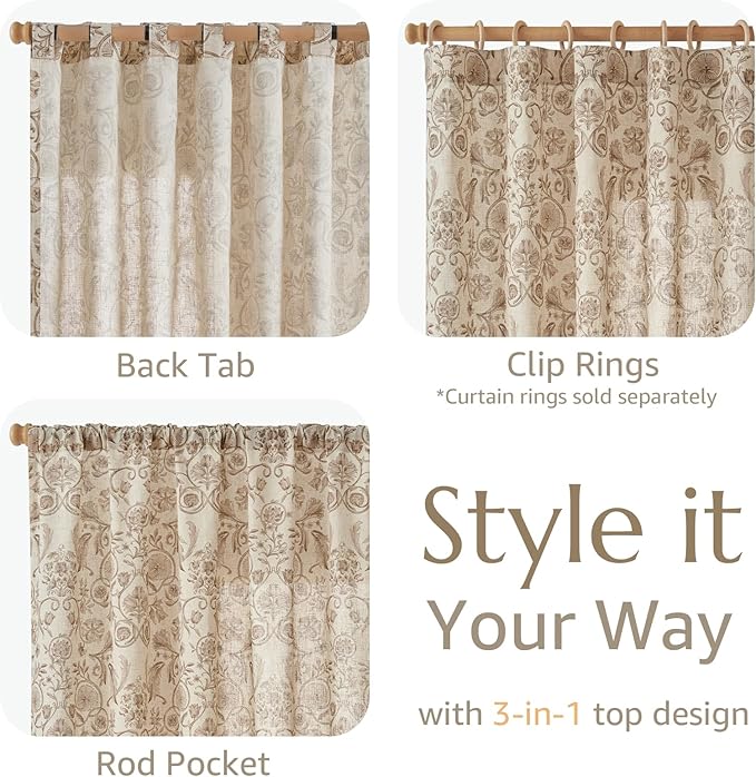 jinchan Linen Floral Curtains for Living Room with Printed Flower 63 Inches Long Light Filtering Farmhouse Window Treatment Vintage Short Drapes Back Tab Rod Pocket 2 Panels Taupe on Beige