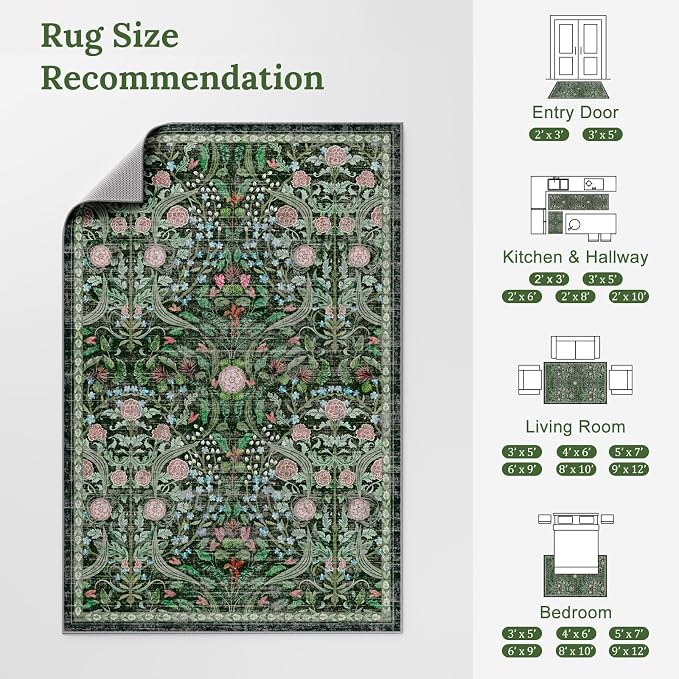 AMTOVO 8x10 Washable Area Rugs for Living Room, Non-Slip Large Soft Boho Floral Vintage Accent Print Carpet for Bedroom Dorm Dining Room Farmhouse Nursery Playroom Home Office, Dark Green