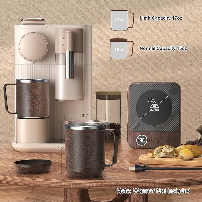 Felibeaco 16oz Heated Coffee Mug With Flat Bottom for Rapid Heating, Stainless Steel Cup for Different Warmer/Heaters, Suitable for Home and Office Desk, Wood, No Warmer
