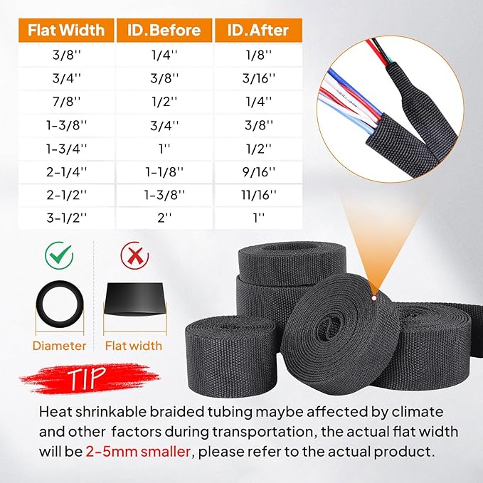 Black 2:1 Ratio Automotive Heat Shrink Braided Sleeving,Wear-Resistant Flat Woven Shrinkable Sleeve Fabric Car Cable Wires Hoses Protection (2''-26ft)