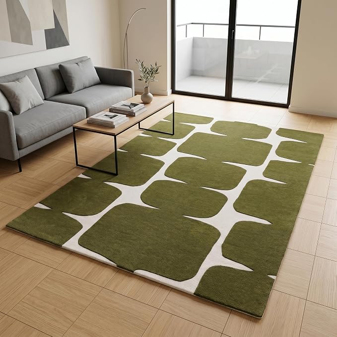 Restoration and Renovation Modern Wool Area Rug - Contemporary Abstract Geometric Design, Thick & Soft Hand-Tufted Carpet - Ideal for Indoor Decor in Living Room, Bedroom (Olive Green, 10' x 14')