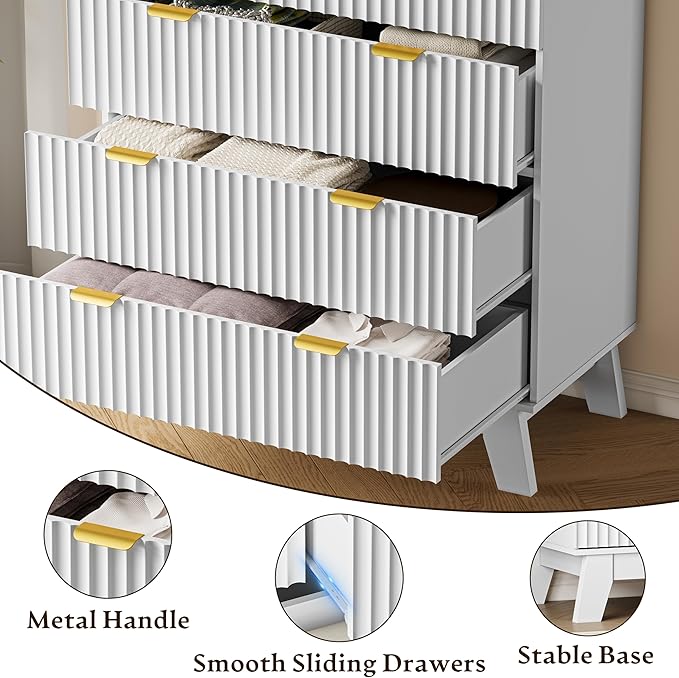 BORNOON 46" Tall Dresser for Bedroom, 6-Drawer Fluted Chest of Drawers, Modern Wood Highboy with Deep Storage, Metal Slides and Handles, Anti-Tip Kit, Vertical Clothes Organizer for Apartment, Nursery