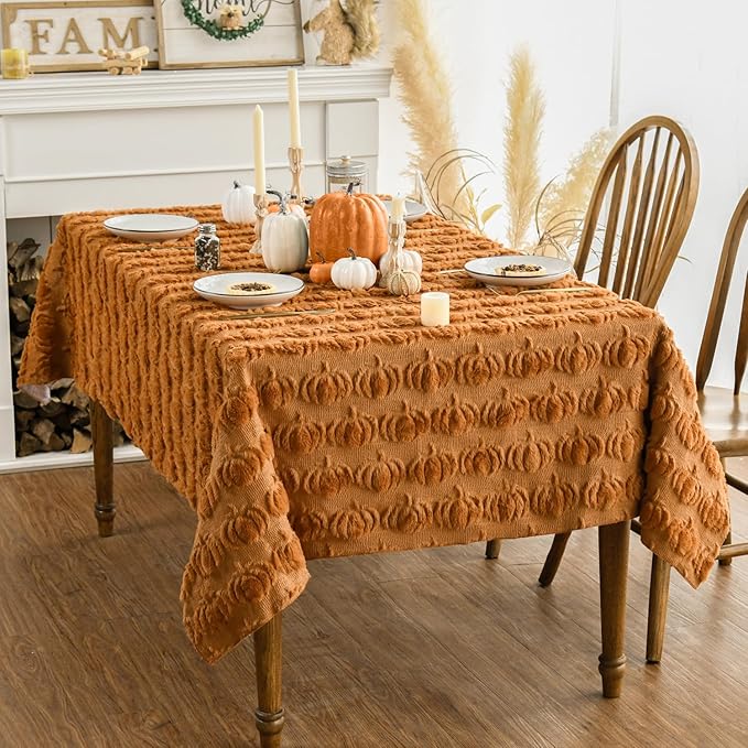 Horaldaily Fall Tablecloth 52x70 Inch Rectangular, Caramel Soft Plush Faux Fur Pumpkin Table Cover, Thanksgiving Autumn Harvest Dining Table Decoration for Home Party Dinner