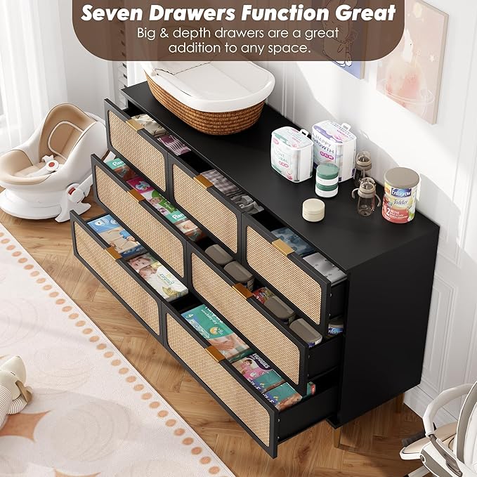Garvee Rattan Dresser with 7 Drawers, Tall Modern Closet with Deep Storage, Large Chest of Drawers with Wide Top, Long Wooden Dresser for Bedroom, Living Room, Hallway, Kids Room, Black