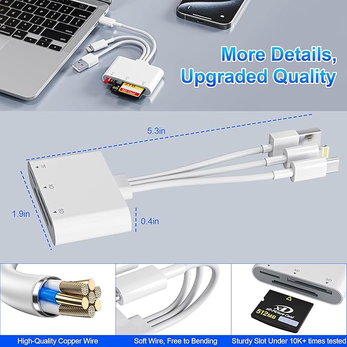 XD Card Reader, SD Card Reader for iPhone, 3-in-1 SD/TF/XD Card Adapter with Lightning/USB-C/USB-A for iPhone 16/15/14/13, iPad, PC, Android - Olympus xd Picture Card Reader Compatible, exFAT Support