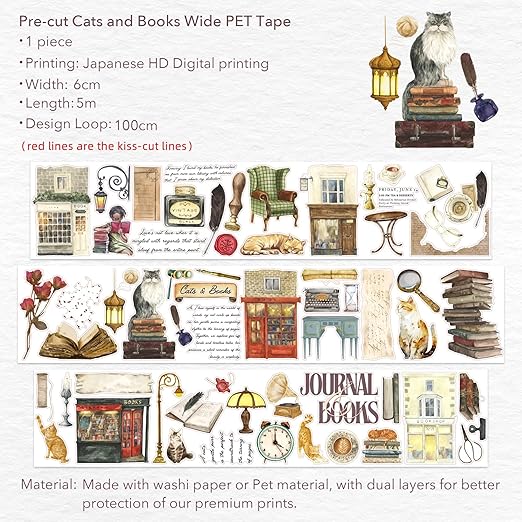 WT Pre-Cut Cats and Books Wide PET Tape, One Roll 5 Meters, Decorative Cute PET Tape for Bible Journaling, Bullet Journal Supplies,Scrapbooking Supplies,Planners, Party Decorations