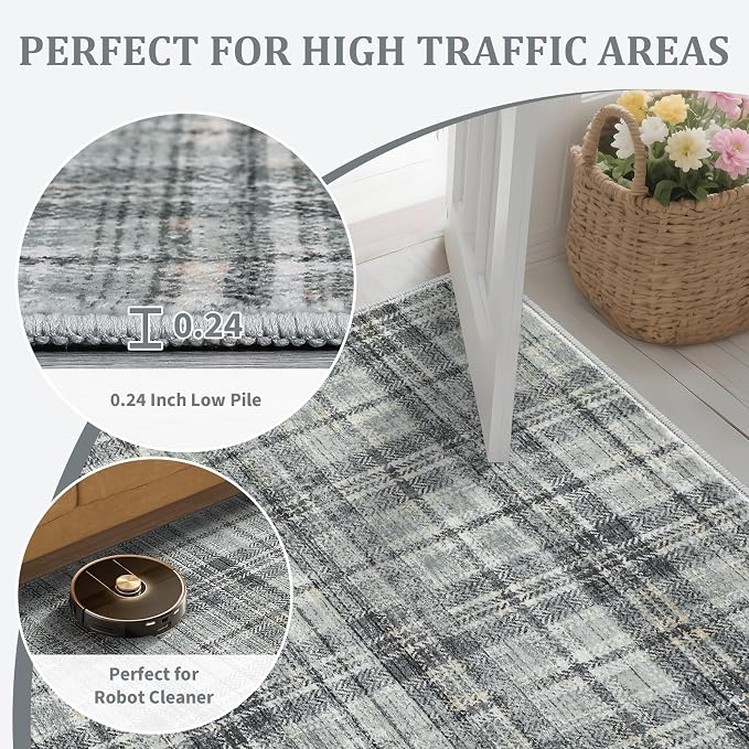 Modern Plaid Washable Rug 8 x 10 Rug for Living Room Soft Farmhouse Tartan Area Rug for Bedroom Non Shedding Non Slip Throw Rugs Stain Resistant Carpet for Nursery Office 8'x10' Greenish Grey